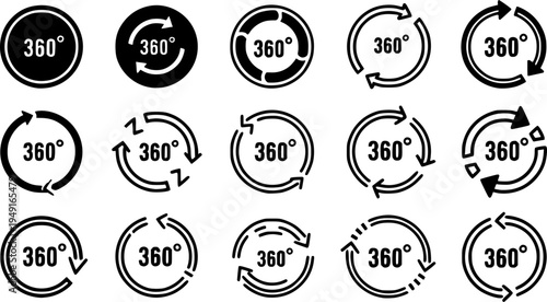 360 degrees vector icon set. Round signs with arrows rotation to 360 degrees. Rotate symbol isolated on transparent background. Vector illustration.
