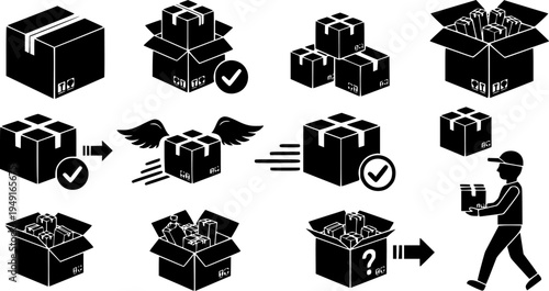 Box delivery icon set. Shopping package box. Cardboard box icons in flat style. Vector illustration.
