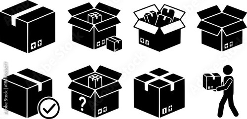 Box delivery icon set. Shopping package box. Cardboard box icons in flat style. Vector illustration.
