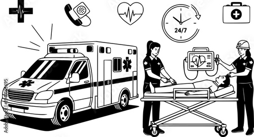 Emergency medical services: ambulance, patient care, monitoring, 24/7 support
