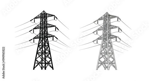 Two black and white illustrations of high voltage electricity transmission towers