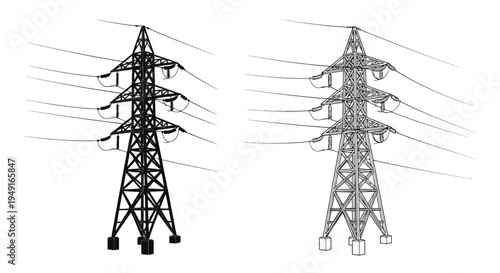 Two electrical transmission towers depicted in a minimalist line art style