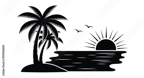 A black and white illustration of a tropical island with palm trees