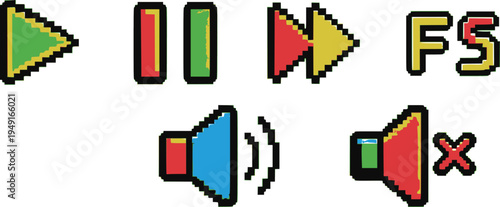 Colorful pixel art media control icons: play, pause, rewind, fast forward, volume, mute
