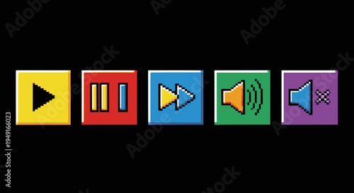 Colorful pixel art media control icons: play, pause, rewind, fast forward, volume, mute
