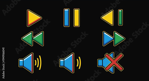 Colorful pixel art media control icons: play, pause, rewind, fast forward, volume, mute
