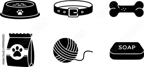 Pet supplies icons: bowl, collar, bone, food, yarn, soap
