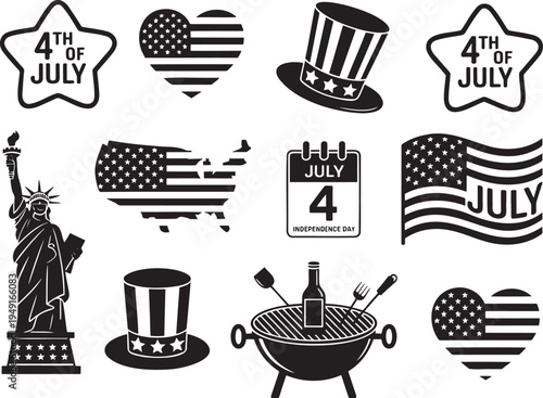 A collection of black and white patriotic symbols celebrating the United States Independence Day