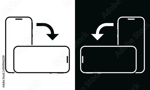 Smartphone screen rotation icons in black and white versions. Minimalist vector icons for UI design and themes, or mobile web interfaces