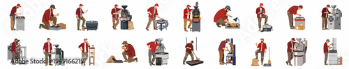 Comprehensive Collection of Coffee Roaster Illustrations Showing Various Stages of the Professional Roasting Process with Industrial Equipment on White Background