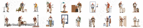 Collection of flat illustrations depicting an elderly gentleman in various daily life scenes, reading a newspaper and enjoying coffee in a sophisticated style.