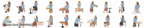 Flat vector illustration set of a young woman wearing a straw hat and denim jacket, enjoying coffee and using her phone at various cafes.