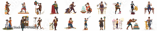 Large collection of steampunk characters and photographers featuring vintage gadgets, Victorian fashion, and retro technology in a clean flat illustration style.