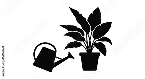 Black silhouette of a potted plant with a watering can nearby