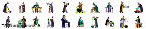 Set of flat vector illustrations featuring wizards in robes and hats brewing potions, mixing ingredients, and performing magical experiments in various poses.