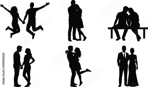 Romantic couple silhouettes set, happy lovers hugging jumping sitting bench holding hands love relationship isolated vector illustration collection