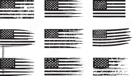 A grid displays various black and white American flag representations with a distressed and grunge texture