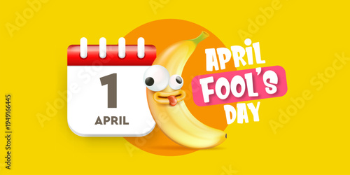 April Fools Day horizontal banner. Funny banana character with crazy eyes and calendar icon on yellow background. Creative holiday promotion for April 1st. Modern vector illustration