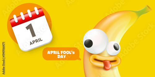 April Fools Day horizontal banner. Funny banana character with crazy eyes and calendar icon on yellow background. Creative holiday promotion for April 1st. Modern vector illustration