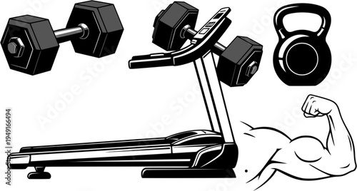 Fitness equipment icons: dumbbells, kettlebell, treadmill, and muscle flex illustration
