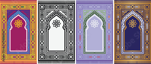 Collection of four colorful islamic prayer mat vectors with traditional geometric motifs.