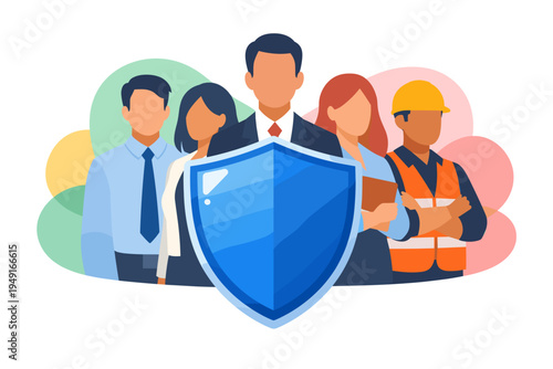 Diverse group of professionals protected by a shield.
