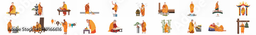 Collection of Buddhist monks in traditional orange robes performing various spiritual, daily, and ritualistic activities in a flat illustration style.