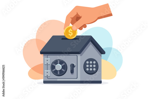 Hand dropping coin into house shaped safe for saving money.