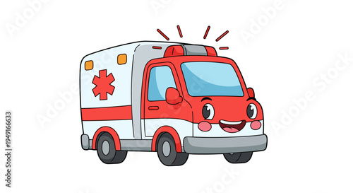 Cute Cartoon Ambulance Car with Smiling Face Emergency Medical Vehicle.