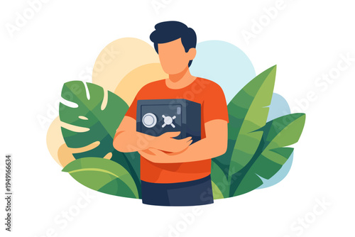 Man Holding Secure Safe Box Illustration.