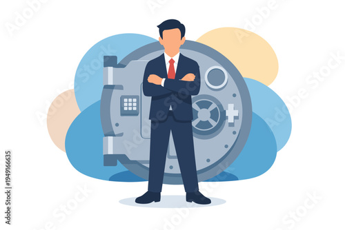 Man in Suit Standing Confidently in Front of Vault Door.