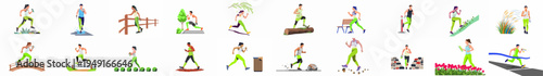 Diverse collection of flat vector illustrations depicting men and women running, jogging, and exercising in various outdoor park and nature environments.