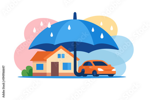 Home and car protected by a large blue umbrella from rain.
