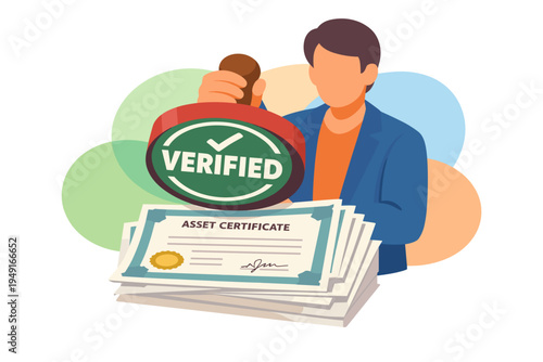 Person holding a verified stamp over asset certificates.