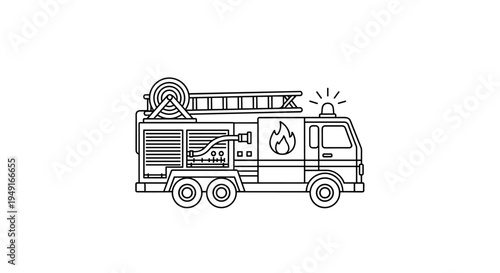 Fire Truck Line Art Icon - Emergency Vehicle Firefighter Equipment.