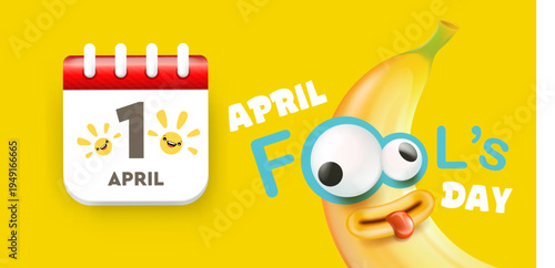 April Fools Day horizontal banner. Funny banana character with crazy eyes and calendar icon on yellow background. Creative holiday promotion for April 1st. Modern vector illustration