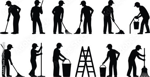 Silhouette illustrations of janitors and cleaning workers in various tasks