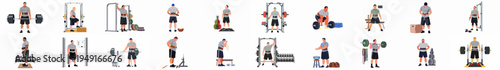 Collection of flat vector illustrations depicting a professional weightlifter training in a gym with various equipment like barbells, racks, and weights.