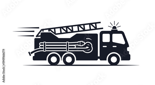 Fire Truck Icon - Emergency Response Vehicle with Ladder and Hose.