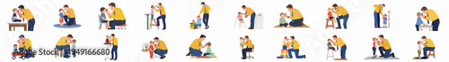A collection of flat vector illustrations depicting a male pediatrician performing medical check-ups on toddlers and infants in various supportive environments.