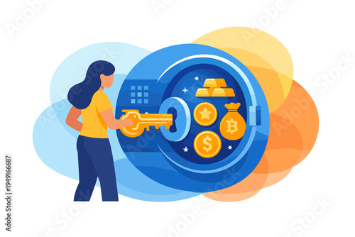 Woman opens a secure vault filled with gold coins and bitcoin.