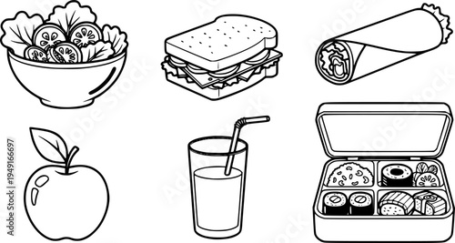Healthy food icons: salad, sandwich, wrap, juice, apple, bento box
