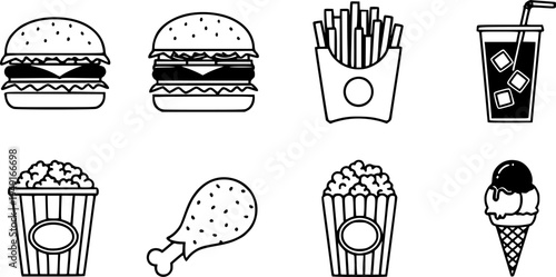 Icon set of fast food items including burger, fries, drink, chicken, popcorn, and ice cream
