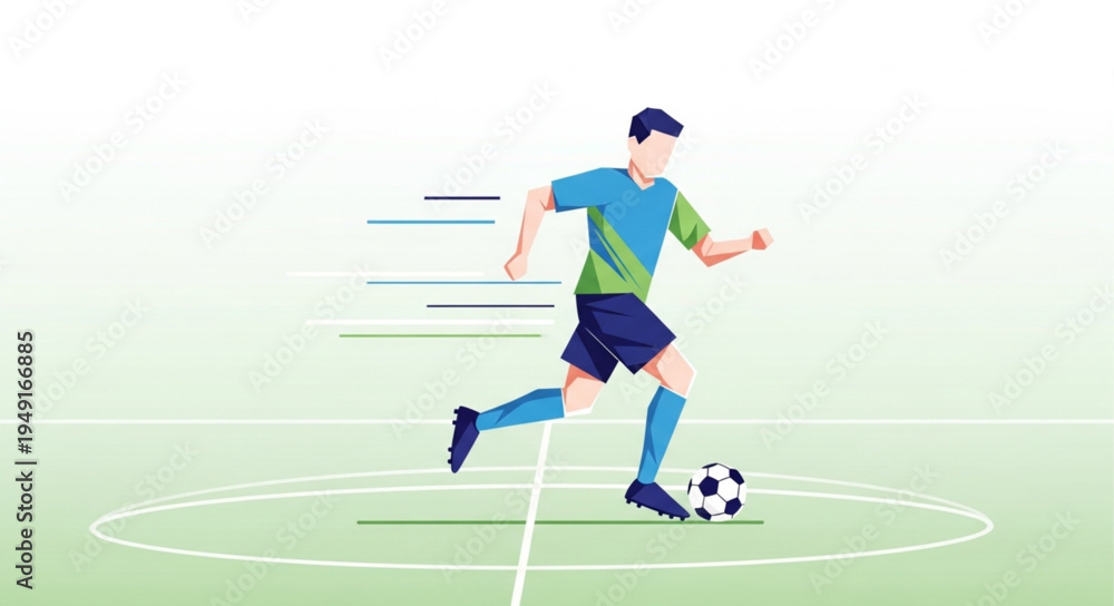 Obraz premium Young man playing soccer on a field kicking the ball.