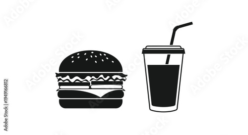 Black and white illustration of a hamburger and a drink with straw