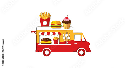 Food Truck with Burgers Fries and Cupcakes - Fast Food Mobile Kitchen.