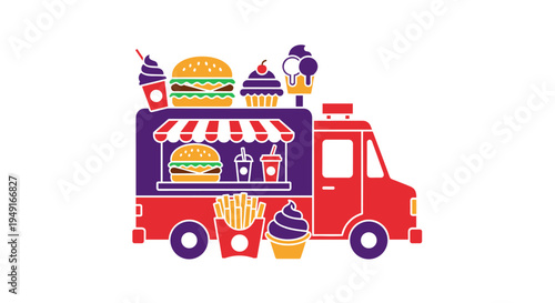 Food Truck Fast Food Burgers Fries Ice Cream Desserts Vector Art.