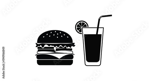 A black and white illustration of a hamburger and a glass of juice