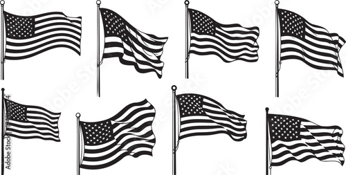 Eight waving United States American flags depicted in black and white outline style on flagpoles