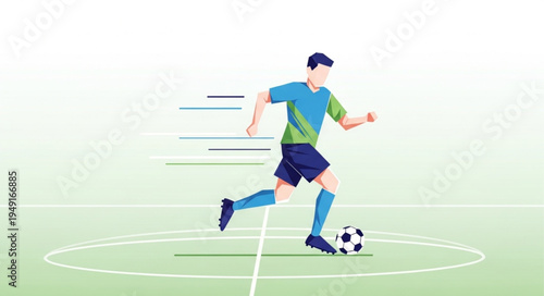 Young man playing soccer on a field kicking the ball.